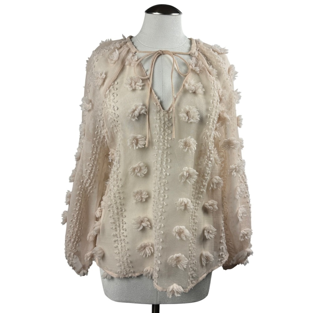 Zara Womens Blouse Beige Long‎ Sleeve Pom Pom Detail Tie Neck Boho Chic Small